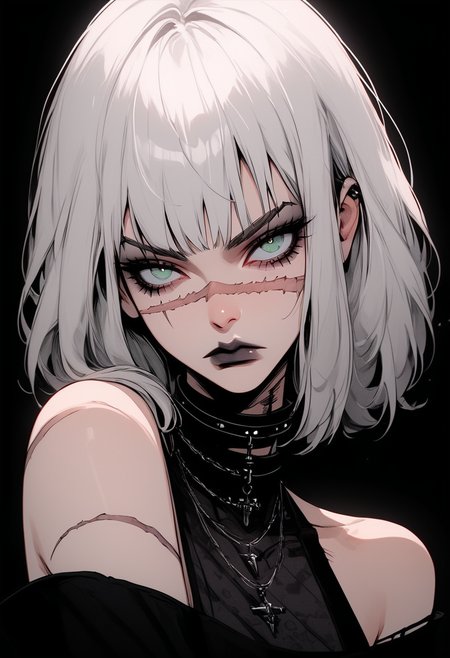 score_9, score_8_up, score_7_up, Goth girl, goth girl 1girl, 1girl,solo,looking at viewer,short hair,bangs,simple background,bare shoulders,jewelry, ,closed mouth,green eyes,white hair,grey hair,medium hair,necklace,collar,scar,black background,portrait,,scar on face,scar across eye,covered collarbone,  <lora:Goth_girl_XL-v2:0.8>, <lora:g4n1m3XLP:0.8>