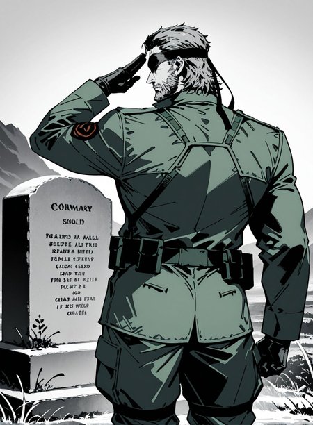 masterpiece,best quality,amazing quality,very aesthetic,absurdres,newest, huge filesize,
<lora:spo_sdxl_10ep_4k-data_lora_webui:0.5>,
<lora:add-detail-xl:1>
 normandy_american_cemetery,  ((Salute)) , stright tombstone, back view,back,
Upright tombstone,
Standing gravestone,
Vertical headstone,
Stand at attention and salute,
Attention and salute,
Stand upright and give a salute,
day,sky,  monochrome,  muscular male, military suit,  military uniform jacket,  along,standing,  legs together, looking at  tombstone, 
1man, mature male, SOLID snake from metal gear solid,  big boss,
35YO,
Full beard with a rugged look,
Thick and well-groomed beard,
Short, scruffy facial hair,
Military-style beard,
Olive green suit with matching trousers, 
 eyepatch, simple pencil sketch, spot color, <lora:Yoji:0.8> yoji_shinkawa,