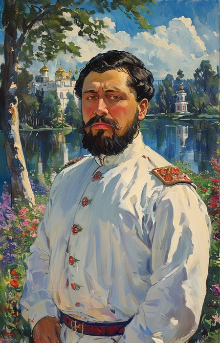 masterpiece,best quality,<lora:tbh263-sdxl:0.9>,illustration,style of Boris Kustodiev portrait of noble man