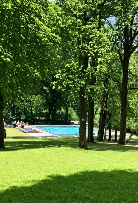 Beautiful area in Vienna Krapfenwaldbad outdoor pool, trees, pool, people in the background, grass, 4k, high quality travel magazine shot