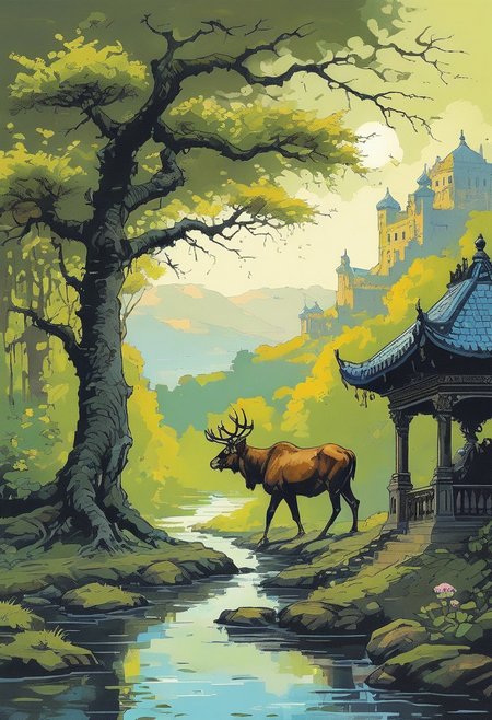 <lora:kallmekris:0.5> kallmekris mixed with <lora:esme_sdxl:0.5> esme , fantasy, fantasy art, A mystical forest filled with ancient trees, glowing flowers, and ethereal creatures like fairies and talking animals. animals, fairies, magical creatures, fantastic beasts,  The atmosphere is both enchanting and eerie, with shadows of lurking dangers. In the center, a gateway to different realms. Bengali landscape, Indian landscape,, i oil painting, palette knife soft brushstrokes, heavy strokes, dripping paint, art station on trend, sharp focus, intricate details, highly detailed ,art by enki bilal, art by philippe druillet, art by moebius, inspired by french comics art ,art by Jakub Rozalski,