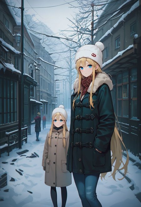 score_9, score_8_up, score_7_up, score_6_up, score_5_up, score_4_up, source_anime, 1girl, animeirl, blonde hair, very long hair, pale blue eyes, medium chest, jeans, coat, winter hat, snow, street, buildings, depressed, dark clouds,