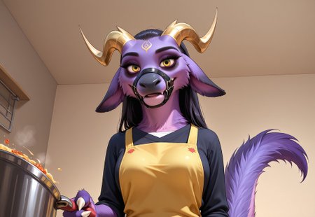 source_furry,reallynxgirl_style, source_9, score_8_up, score_7_up, furry art, solo,Eothos, ((anthro)), close up,  female, furred dragon, (((front view))), (((looking at viewer))),  golden mark on forehead, front half of body black with golden stripes, black muzzle, black long black ears, long straight golden horns, golden glowing eyes without pupils, two purple stripes under eyes, golden eyebrows, back half of body purple, front legs orange, hind legs purple, long white claws on paws, long purple tail with white stripes, white tassel at end of tail, realistic,  wearing cooking apron, in kitchen, serving food,  fluffy fur, seductive,  low-angle view,