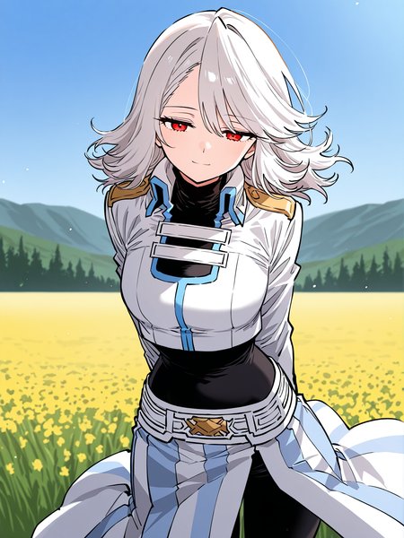 <lora:Player__Manhwa__Nagi:1>
1girl, solo, white hair, medium hair, layered hair, wavy hair, swept bangs, red eyes, expressionless, neutral face, long sleeves, high collar
white cropped jacket, short jacket, open chest design, decorative chest strap, white chest band, high collar, long sleeves, gold accents, layered clothing, thigh-high black stockings, black tight top, black bodysuit, high collar, split skirt overlay, skin-tight underlayer garter belt, thigh strap, black boots, decorative belt, gold buckle,
score_9, score_8_up, score_7_up, very aesthetic, source_anime, detailed, high quality, beautiful, masterpiece, detailed eyes, field, blurry background, pose dynamic angle, upper body, cowboy shot, light smile, floating hair, half-closed eyes, hands behind back, leaning forward, looking forward, looking at viewer