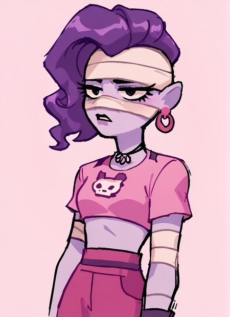 score_9, score_8_up, score_7_up,   <lora:bsemz:1>bsemz , 1 girl , purple skin , bandages ,Earrings , purple hair, skirt  ,cropped shirt , pink shirt  , <lora:SyrupyyyArt:1>syrupyyy
