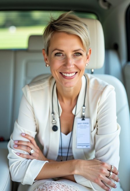 A confident, professional woman in her early 40s, wearing a press badge and lanyard, seated in a car with a white leather interior. She has a pixie haircut, light freckles, and a warm, approachable expression. She is dressed in a stylish, light-colored blouse and lace-trimmed skirt, with a wedding ring on her left hand. Her posture is casual yet professional as she looks directly at the camera, creating a close, intimate portrait in the natural daylight. The car's interior features clean, soft shadows and backlighting that highlights her face, creating a balanced and refined aesthetic.