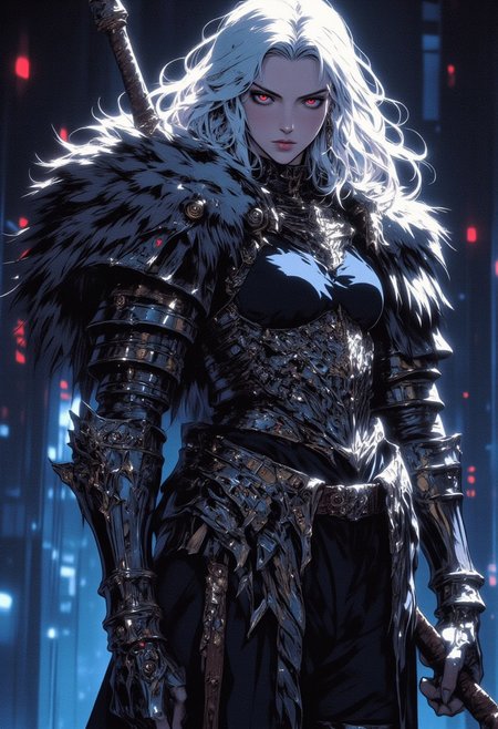 An elegant, platinum white-haired female warrior with knee-length wavy hair and glowing clear red eyes. She wears a white medieval combat suit with black pants, paired with a black adventurer’s leather ensemble and shoulder armor. Her figure is athletic and toned, showcasing strong leg and arm muscles. She stands confidently, holding a fantasy melee weapon. Her detailed armor combines metal and fur, exuding nobility and strength, with intricate ornaments and a shoulder cape. The scene features cinematic lighting, with ultra-detailed skin and eyes that reflect both beauty and power.