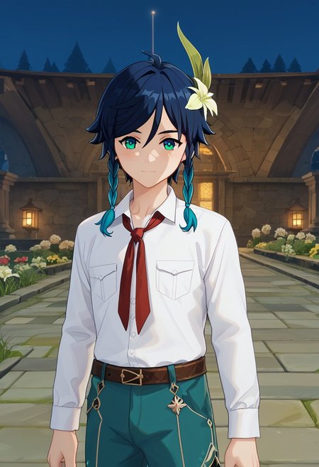score_9, score_8_up, score_7_up, source_anime, anime screencap, collarbones, sexy guy, sexual expression, sexy look, blush, (man, 1 boy, male:1.2), venti, gradient hair, dark blue hair, green hair, twin braids, green eyes, white shirt, red nectie, blue pants, brown belt, amazing background, Male Cosplayer, cosplay costume, flower in hair, genshin impact style