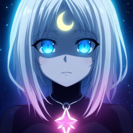 mana_sk style, portrait, focus on face, a calm moonlit guardian girl with silver hair cascading like silk and serene ice-blue eyes, wearing a crescent-shaped pendant that softly glows, her expression tranquil yet watchful, faint auroras glowing in the dark starry background, Japanese RPG style, celestial and peaceful atmosphere, intricate details on her pendant and glowing effects