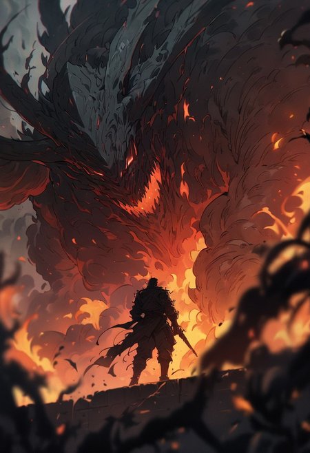 dark cyberpunk, cyber-samurai, action pose, fighting the monster, huge monster, (fire and smoke pillar), (masterpiece), (best quality), (ultra-detailed), very aesthetic, illustration, perfect composition, intricate details, absurdres, (anime, masterpiece, intricate:1.3), (best quality, hires textures, high detail:1.3), (4k),(incredibly detailed:1.4) 
masterpiece:1.2, best quality:1.5, highly detailed, depth of field, cinematic lighting, intricate, 8k wallpaper, cg, sharp focus, glowing, intense