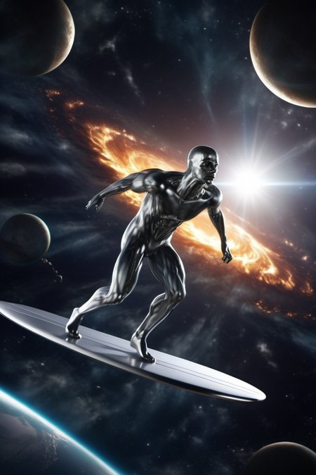 a silver sufer surfs in space, blackhole swallowing the earth in the background <lora:SilverSurfer1024:0.8>