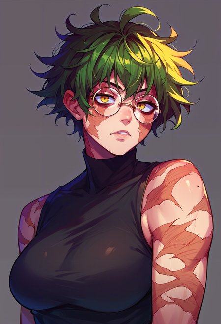 score_9,score_8_up,score_7_up,score_6_up,<lora:maki zenin pdxl goofy:1>maki zenin, 1girl, solo, glasses, scar,large breasts, round eyewear, short hair,messy hair  ,yellow eyes,portrait,upepr body