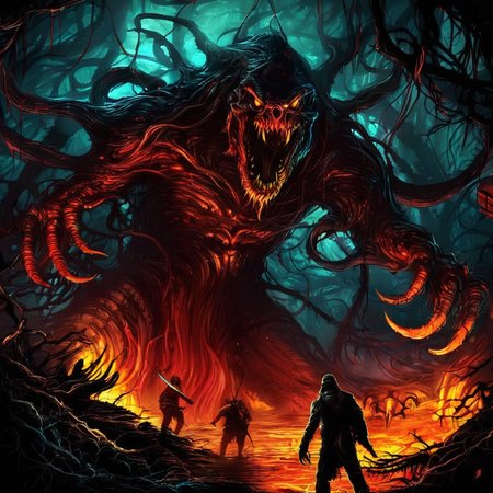 breathtaking artwork horrible terrors lurking from darkness by dnmumfrd <lora:dan_mumford_v09:1.2>, danger, chaos, nightmare