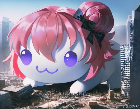 traditional media, painting \(medium\), artist:john kafka, artist:nixeu, artist:quasarcake, doro, \:3, chibi, no humans, solid circle eyes, no pupils, white skin, all fours, creature,  pink hair, purple eyes, single side bun, hair bow, giant, destruction, ruins, city, skyscraper,   masterpiece, best quality, 8k, absurdres, very aesthetic <lora:doro_xypher_amxl_v1:1>