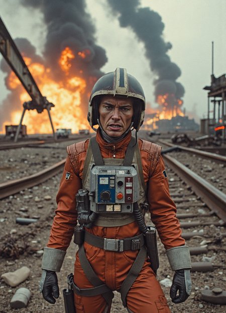 {"T5": ",A highly detailed, hyperrealistic photograph of a rebel starfighter pilot, dressed in a modest, tattered, and worn-out flight suit, caught in the midst of a catastrophic chemical plant explosion in a post-apocalyptic wasteland, with flames engulfing the surrounding area, and a massive cloud of toxic smoke billowing into the air. The pilot's face is contorted in a mixture of pain and desperation, with sweat-drenched skin, and a look of urgency in their eyes, as they attempt to navigate through the chaos. In the background, a complicated rescue attempt is underway, with multiple factions, including rebel forces and unknown entities, clashing in a frenzy of laser blasts and explosions. The scene is viewed from a low-angle perspective, with the camera positioned near the ground, looking up at the pilot, and the ruins of the chemical plant looming in the background, with a massive, twisted metal beam, covered in rust and debris, dominating the foreground, and the pilot's figure placed along the golden ratio, with the explosion and rescue attempts balanced around them, following the rule of thirds.,", "CLIP-L": ",rebel starfighter pilot, post-apocalyptic wasteland, chemical plant explosion, rescue attempts, hyperrealistic, detailed, modest flight suit, tattered, worn-out, facial expression, pain, desperation, sweat-drenched skin, urgent eyes, laser blasts, explosions, low-angle perspective, twisted metal beam, rust, debris, golden ratio, rule of thirds,"}
<lora:Rebel_Starfighter_Pilot_-_Star_Wars_Flux:0.85>