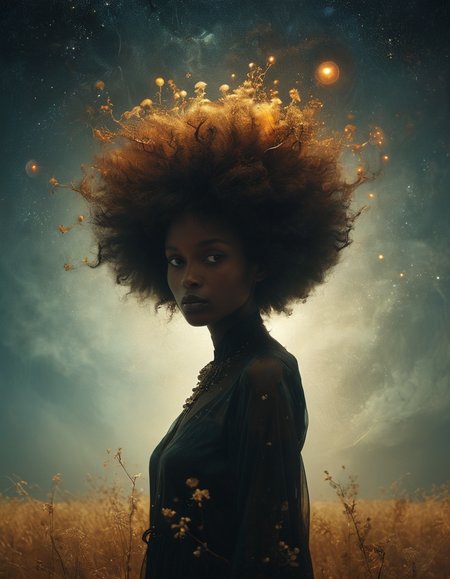 a post-modernist installation towering overhead, casting an otherworldly glow on an African woman in a medium shot. Her afro, adorned with futuristic elements, embodies the essence of Afrofuturism in a surreal, low-key Fujichrome scene, style of Maia Flore, Sherry Akrami, Guy Aroch