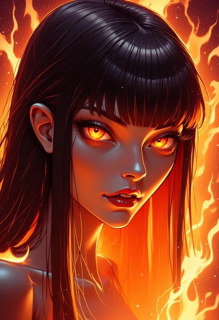 an inferno seraph with ethereal hair flowing like liquid fire, engulfed in vibrant and multicolored flames, glowing eyes filled with intensity, ultra-high-definition rendering, photorealistic textures, dynamic and dramatic lighting, intricate details in the flames and hair, surreal and otherworldly atmosphere, radiant and vivid colors, smooth gradients, delicate and powerful facial expressions, cinematic composition, glowing and fiery aura, vivid and ethereal energy, soft transitions between light and shadow, high-contrast background, celestial fire essence, fire spirit, emblem of fire, pyrokinesis, (wider camera shot:2), 
extremely long bangs, hair hair over one eye
, ShStyRobVal