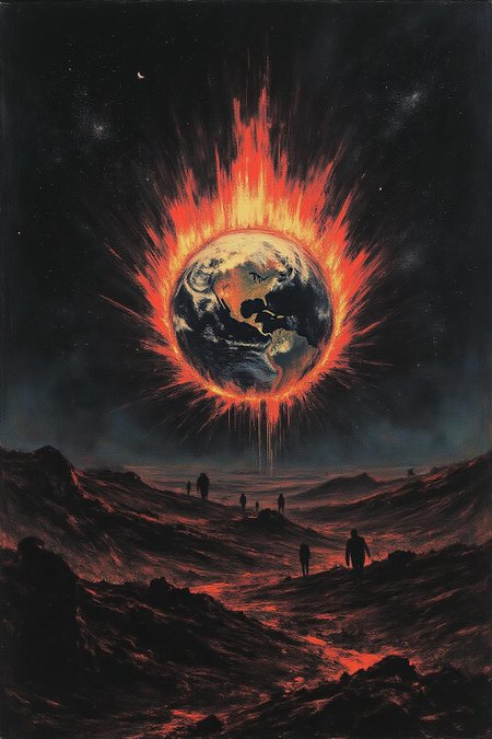 apoca1 illustration. Earth on fire, seen from space  <lora:apocalypse_now1_fl_d4a2:1.0><lora:803273504427473158:0>