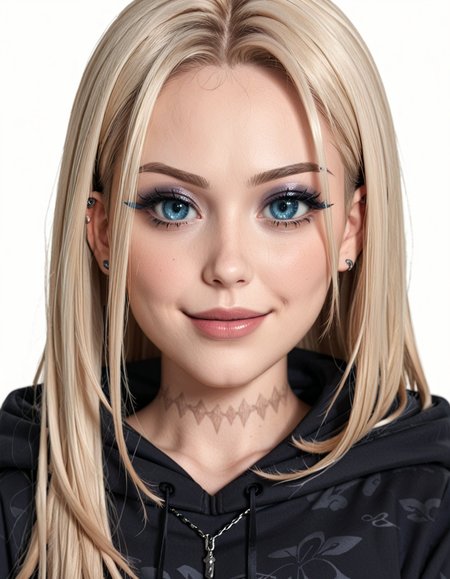score_9, score_8_up, score_7_up, score_6_up, raw photo, source_realistic, <lora:dullachann-pxl:1>,  dullachann, 1girl, solo, blonde hair, blue eyes, hood, looking at viewer, long hair, white background, hoodie, makeup, black hoodie, close-up, hair behind ear, virtual youtuber, hood down, simple background, eyes visible through hair, lips, piercing, smile