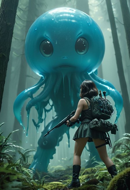 Capture the epic struggle of a heroine facing off against a colossal, translucent blue round cute fantasy slime slimegirlnsfw blob boss amidst a fantastical forest. Armed with a rifle, she valiantly fires at the creature, but her bullets pass through its slimy body like water. The clash between human determination and otherworldly menace unfolds in this captivating scene. Show the intensity of the battle and the resilience of the heroine against insurmountable odds.
atmospheric haze, Film grain, cinematic film still, shallow depth of field, highly detailed, high budget, cinemascope, moody, epic, OverallDetail, 2000s vintage RAW photo, photorealistic, candid camera, color graded cinematic, eye catchlights, atmospheric lighting, imperfections, natural, shallow dof