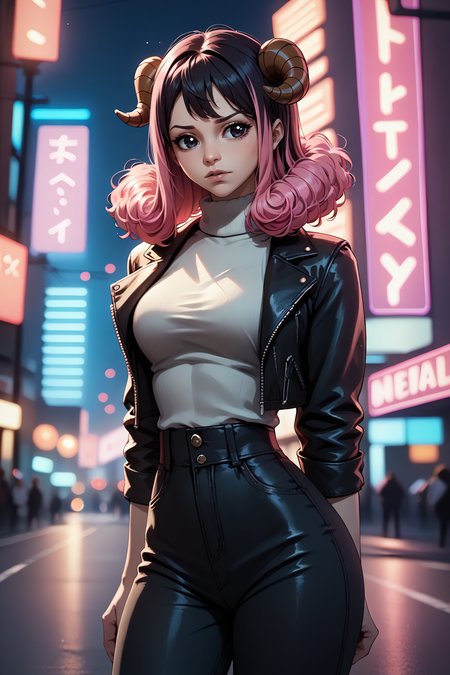 score_9, score_8_up, score_7_up, score_6_up, 1girl, solo BREAK <lora:NSAriesFairyTail:1> NSAriesFaiTai, sheep horns, pink hair, medium hair, hair curls, multicolored hair, black hair, neon lights, city, evening, blurry background, leather jacket, turtleneck, high waist pants, bokeh, depth of field