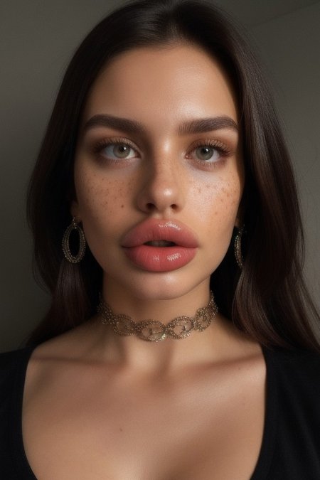 (8k, RAW photo, highest quality), highest quality, absurdres, extremely detailed, sharp focus, professional lighting, 8k wallpaper, A photo of a beautiful gorgeous women, shoulder-length brown hair, brown eyes, (big lips, bimbolips:1.3), natural skin, freckles, big cheekbones, big jaw, model face shapes, German nose, 
(realistic face shapes, realistic: 1.3),
haunting, dramatic, ornate, detailed, extremely high-resolution details, photographic, realism pushed to extreme, fine texture, 4k, ultra-detailed, high quality, high contrast,
half body shot,
Looking at viewer, halfsection, choker, big earrings,
slim-tight top