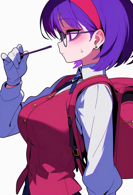 masterpiece, best quality, very aesthetic, high resolution, ultra-detailed, absurdres, newest, extremely detailed eyes, beautiful, perfect lighting, hi res, amazing quality, very awa, COLIG_ST, 1girl, red hairband, jewelry, purple hair, earrings, white background, white gloves, simple background, backpack, upper body, short hair, profile, from side, bag, closed mouth, sweatdrop, purple eyes, glasses, holding, bangs, vest, hair behind ear