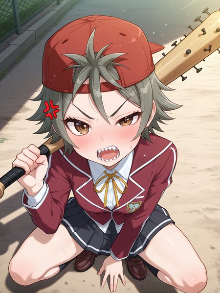 jackal misaki,1girl,solo,open mouth,looking at viewer,tomboy,blush,red backwards hat,duel academy uniform \(yu-gi-oh! 5d's\),yellow neck ribbon,red blazer,white collared shirt,black miniskirt,from above,squatting,holding baseball bat,sharp teeth,bat_over_shoulder,outdoors,half-closed eye,open mouth,lollipop,anger vein, 
masterpiece,best quality,amazing quality,very aesthetic,absurdres,newest,scenery,extreme detail,8k,light particles,soft lighting,volumetric lighting,intricate details,finely detailed,detailed eyes,<lora:Rain Megumi & Jackal Misaki illusXL v1:0.72>,