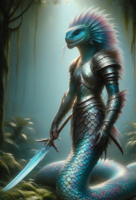 naga, p1nk1r1sc4l3s, holding a sword, made out of iridescent scales, armor
