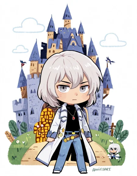 solo, 1boy, male focus, jewelry, belt, coat, denim, pants, jeans, necklace, turtleneck, white hair, grey eyes, pendant, soma cruz <lora:Soma_Cruz_Castlevania_Aria_of_SorrowIllustrious:1>  <lora:Amazon(Taitara)_IL:0.8> taitara <lora:Amelicart_style_Illustrious_Xl:0.8> 0mel1c0rt , chibi only, castle