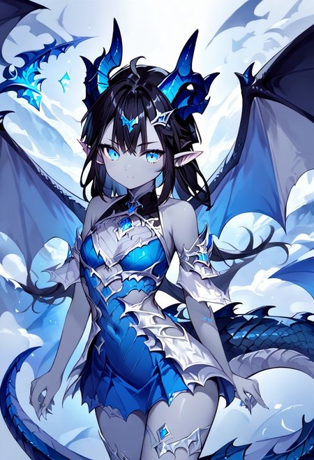 score_9, score_8_up, score_7_up, source_anime+, (1girl, grey skin, pointy ears, ((black hair, blue eyes), dragon wings, two dragon horns, dragon tail)), Drestoria Style, Clothes