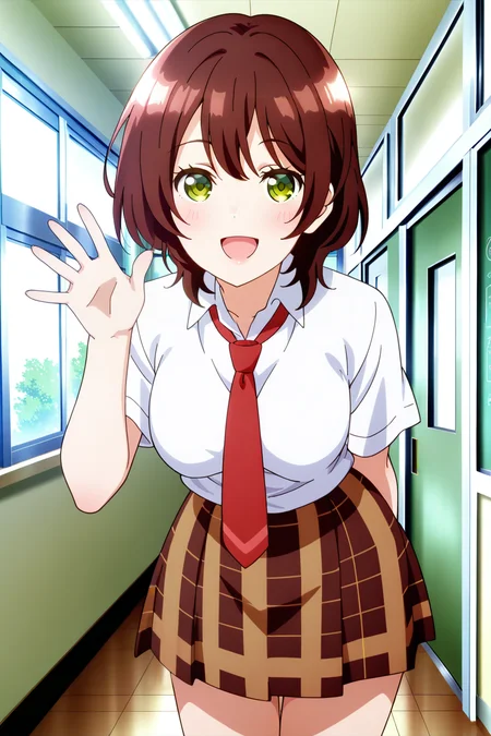 anime screenshot, hinami aoi, 1girl, solo, brown hair, short hair, green eyes, medium breasts, school uniform, white shirt, collared shirt, short sleeves, red necktie, brown skirt, plaid skirt, looking at viewer, smile, open mouth,  hand up, open hand, arm behind back, leaning forward,  cowboy shot, indoors, hallway, masterpiece, best quality, high quality, highres, absurdres, <lora:hinami_aoi_ILXL:0.9>