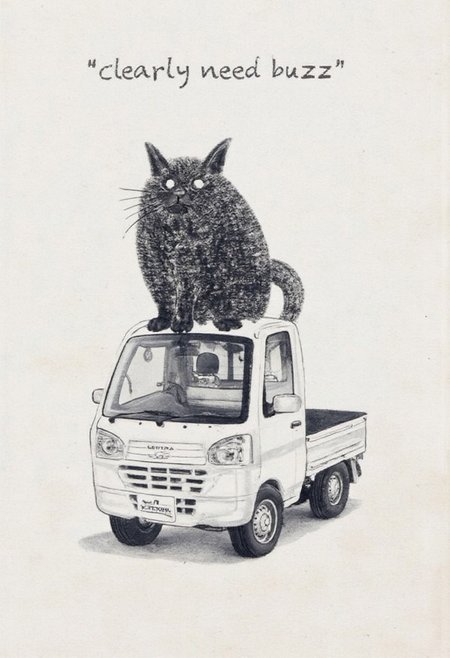 the text "clearly need buzz" on  the top. 
tokugawa style ink painting
a cute black cat is on a hood of a white Keitora car.