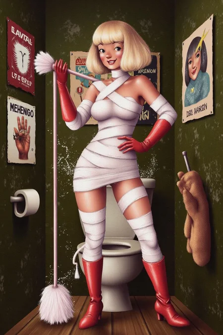 illustration. 
A slim Swedish woman stands confidently in a small, dingy restroom. She platinum blonde bob haircut and a fringe bangs. She is wrapped in rolls of white bandages like a mini dress, and wear bright red rubber gloves and matching boots. She holds a large toilet brush with a playful smile, juxtaposing glamour with an unexpected setting. The surrounding walls, adorned with worn posters, add a gritty, urban edge to the surreal, fashion-forward scene. 
 <lora:alicesa1_cap_d6a3:1.0><lora:830681305650939549:0>