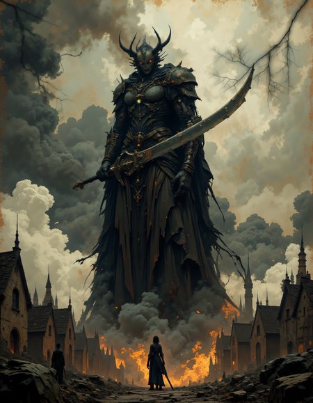 a low angle shot of a giant evil being with a huge sword, standing in a small medieval village with smoke and flames
