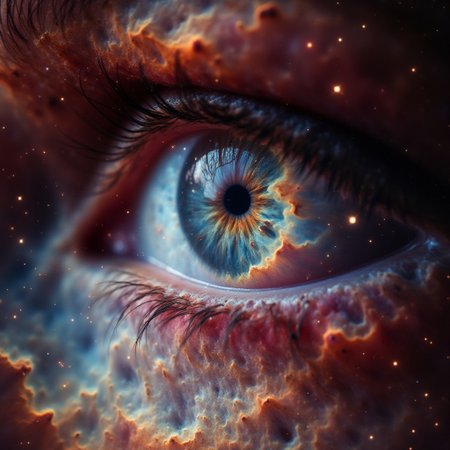 Macro closeup portrait of a woman, focus on eye, iris represented as a nebula with a small black hole in the middle, intricate details
