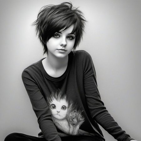 jp-j3a-1250, Beautiful girl, short messy emo-cut hair, pencil drawing, sitting
