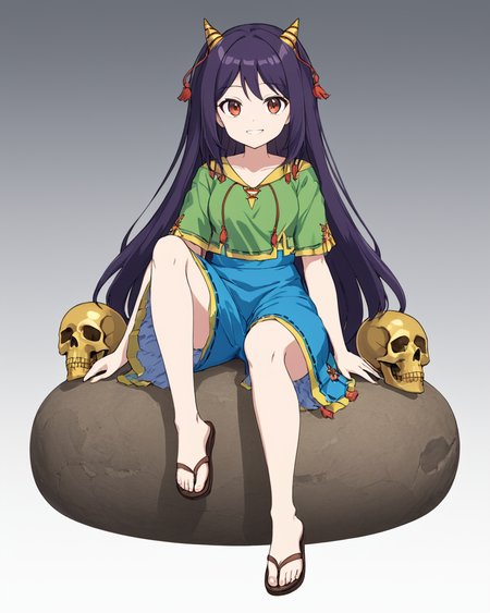 nippaku zanmu,1girl, solo, horns, sitting, smile, sandals, skull, white_background, simple_background, full_body
<lora:nippaku_zanmu_image235_2023-12-20:1>,star-shaped_pupils,symbol-shaped_pupils,. gorgeous,key visual, vibrant, studio anime,award-winning, professional, highly detailed,high budget, cinemascope