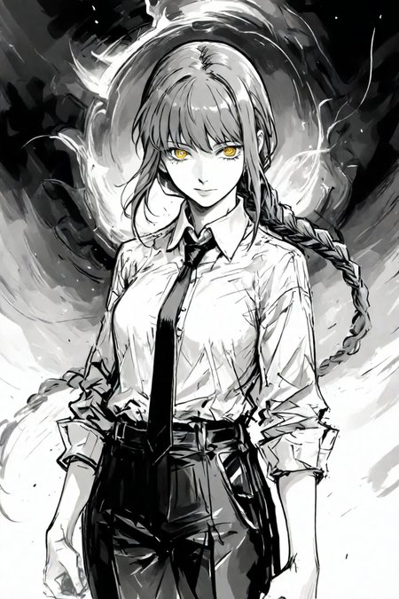 <lora:mak1ma0XL_Pony_v1:0.6> , mak1ma0, makima,  long hair, ringed eyes, braid, white collared shirt,black necktie, black pants, 1girl, solo, alone,  <lora:midjourney_epic_art_illustriousXL:1>, midjourney_epic_art, monochrome, masterpiece, highres