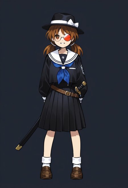 colorful, kaigen_1025, BREAK, 1girl, (slanted eyes, brown eyes, round glasses, fedora, black hat, white ribbon, (white bow on hat), short, black serafuku, brown hair, twintails, low twintails, blue neckerchief, white shirt collar, long sleeves, white cuffs), grin, katana sheath on belt, leather belt, full body, dark background, shining glasses, simple background, foreshortening