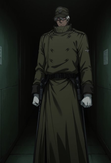 masterpiece, best quality, amazing quality, very aesthetic, CPTHS, 1boy, solo, male focus, white hair, short hair, dark skin, red eyes, muscular, green peaked cap, green long coat, white gloves, black belt, holster, black combat boots, holstered, gun, weapon, mauser c96, very long barrel, standing, dark, indoors, looking at viewer, clenched hands, perspective