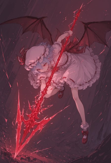 source_anime, high res image, masterpiece, best quality, very awa, absurdres, amazing quality, perfect quality, newest, highres, (4k, 8k, Ultra HD), (ultra-detailed:1.2), very aesthetic, 
1girl, solo, remilia scarlet, (dynamic pose), spear the gungnir, 