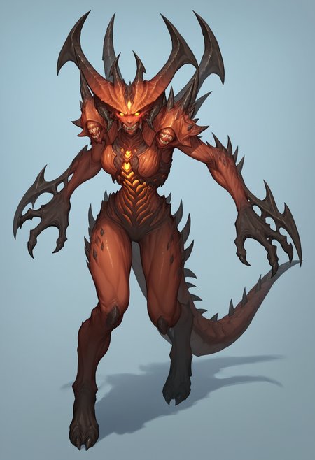 score_9, score_8_up, score_7_up, score_6_up, score_5_up, score_4_up, 1girl, <lora:DiabloD3:0.75> solo, large breasts, monster, horns, claws, tail, teeth, sharp teeth, spikes, yellow eyes, glowing, glowing eyes, full body, blush, embarrassed, from front, high heels, 
light blue background, simple background,
