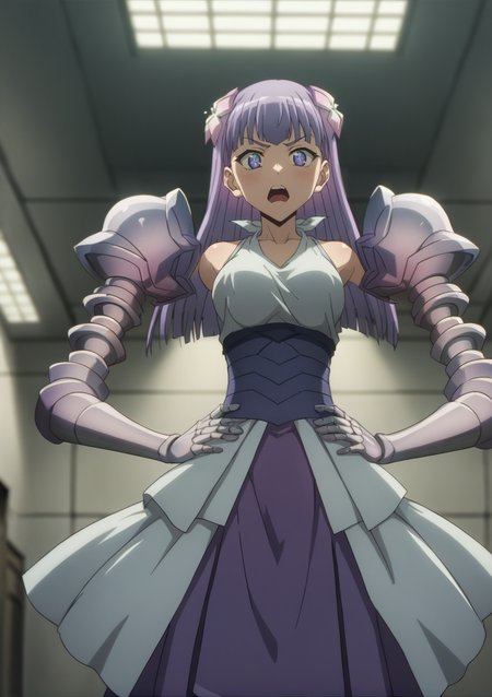 1girl, long hair, purple hair, amputee, hair ornament, mechanical arms, hands on waist, breasts, purple eyes, open mouth, floating, standing, full bodo, cowboy shot, indoors, factory <lora:Lia:1>, score_9, score_8_up, score_7_up, score_6_up, score_5_up, score_4_up, BREAK source_anime, masterpiece