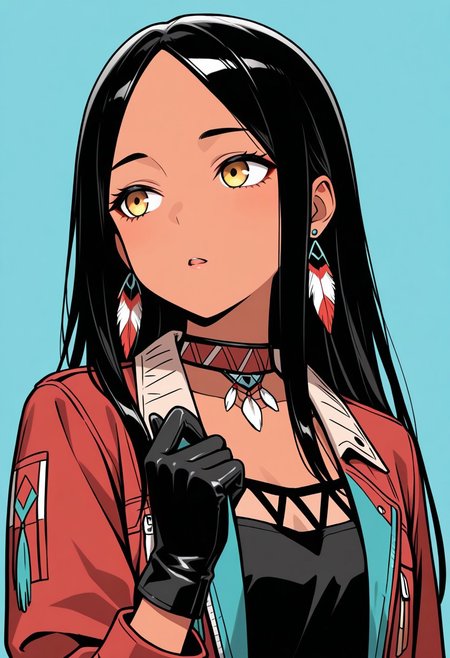 masterpiece, best quality, 32k, high resolution, absurdres, native american, open mouth, parted lips, tan, gloves, earrings, sidelocks, yellow eyes, choker, jacket, upper body