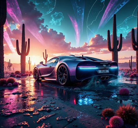 Epic Gaming Poster with text":Bugatti", Bugatti W16 Mistral driving through a futuristic desert with holographic cacti and a neon-lit sky, blending past and future aesthetics, ultra-realistic yet surreal, numberplate reads FLUX, , detailmaximizer, gold frame, secretlab