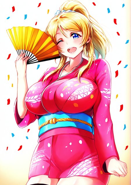 <lora:Dot:1.4>,1girl, huge breasts, 2016, angelic angel, blonde hair, blue eyes, confetti, cowboy shot, folding fan, hand fan, hand up, happy new year, japanese clothes, kimono, long hair, looking at viewer, nengajou, new year, obi, one eye closed, open mouth, sash, smile, solo, teeth, thighhighs, zettai ryouiki,  ayase eli,