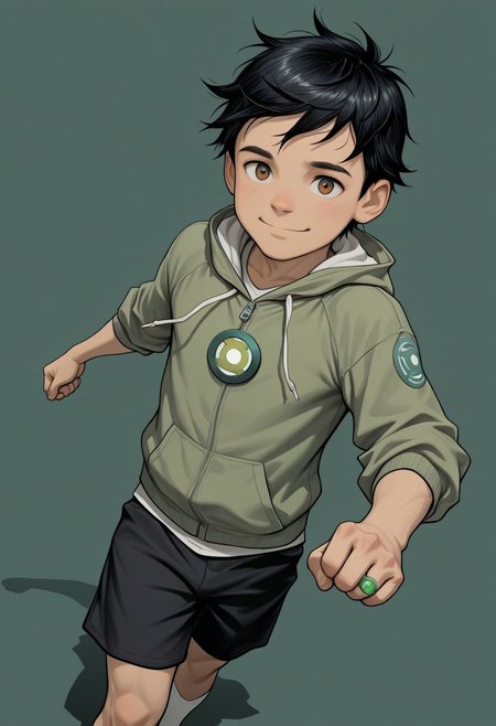 masterpiece, absurdres, high quality, perfect anatomy, 1boy, solo, cute boy, male focus, TaiPham, Black Hair, Green Lantern Ring, brown eyes, green jacket, hood, black shorts, big smile, cinematic, intricately detailed illustration, depth of field, masterpiece, best quality, amazing quality, very aesthetic, absurdres, newest, very awa,  shadow, dynamic angle, casual cosplay, dynamic pose, simple background, green theme, beitemian style