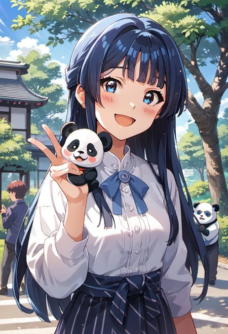 score_9, score_8_up, score_7_up, source_anime, mogami shizuka, long hair, blue eyes, black hair, 1girl, puppet, panda, hand puppet, open mouth, smile, blue hair, tree, looking at viewer, blush, outdoors, day