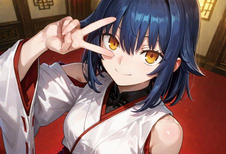 score_8, score_8_up, score_9, femboy, ((Amber Eyes)), very small breasts, dark blue hair, huge butt, huge thighs,((medium hair)), BRAEK ((very much long sidelocks)), hair intakes, fair skin, very short stature, curvy, small build, lower eyelashes, innocence, Masterpiece, top quality, ((high resolution)), very detailed eyes, very aesthetic, very detailed hair, ((FGO)), anime style, solo, standing, upturned eyes, smile, happy, one v over eye,  <lora:ciel_ill_10:0.8> <lora:EL3GY-V13:0.9>, hakama long skirt, nontraditional miko, Shoulder cutout, upper body, Light close-up on the face,